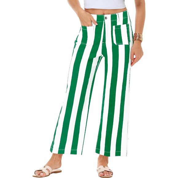 Women Striped Cropped Jeans Stretchy High Waist Wide Leg Pants Casual - Picture 3 of 7